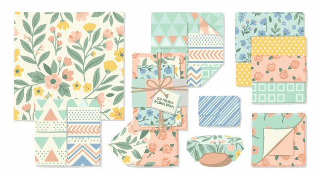 Set of ecofriendly beeswax food wraps with colorful floral and geometric patterns.