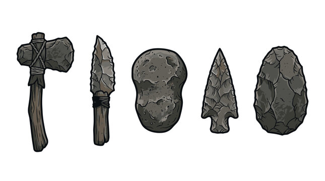 Prehistoric stone tools and ancient implements including an axe, knife, hand axe, and arrowhead, representing early human technology and survival.