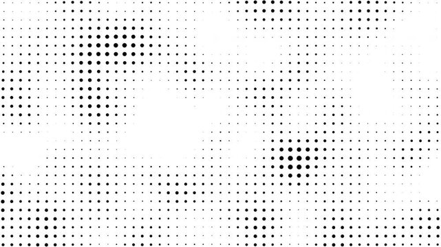 Black halftone dots move and change size on a white background with alpha channel creating a dynamic pattern of circles that flow across the dark digital screen display.