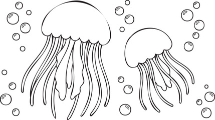 Minimalist line art illustration of jellyfish swimming with bubbles © Tanvir