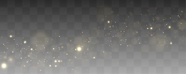 Floating golden dust lights shimmer beautifully across elegant abstract backgrounds. Tiny glitter sparkles add festive warmth and depth. Premium glowing overlay vector. © Hohstock