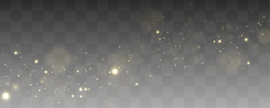Floating golden dust lights shimmer beautifully across elegant abstract backgrounds. Tiny glitter sparkles add festive warmth and depth. Premium glowing overlay vector.