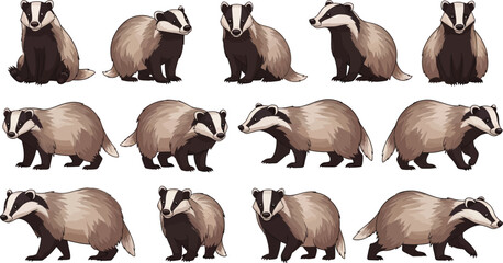 European badger character set with cute cartoon animals in different poses isolated on a white background vector illustrationEuropean badger character set with cute cartoon animals in different poses  © MdAnowar