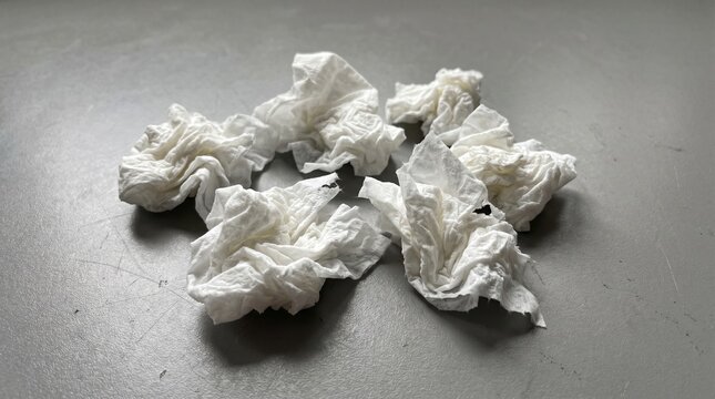 Crumpled used white tissues scattered on a gray surface, concept of waste, litter and pollution