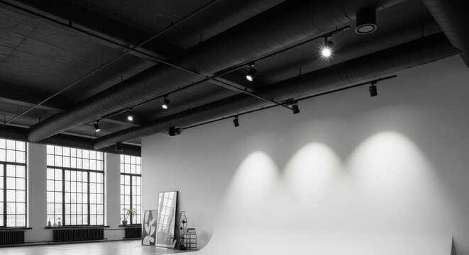 Exposed black industrial ductwork and track lighting system on a modern loft ceiling
