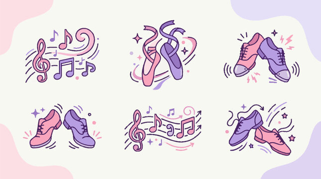 Set of hand drawn dance icons featuring ballet shoes and tap shoes.