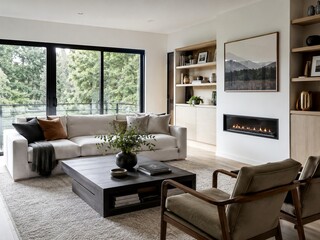 Fototapeta premium Modern living room with cream sofa, fireplace, forest view windows, built-in shelves, neutral decor, and calm contemporary home interior.
