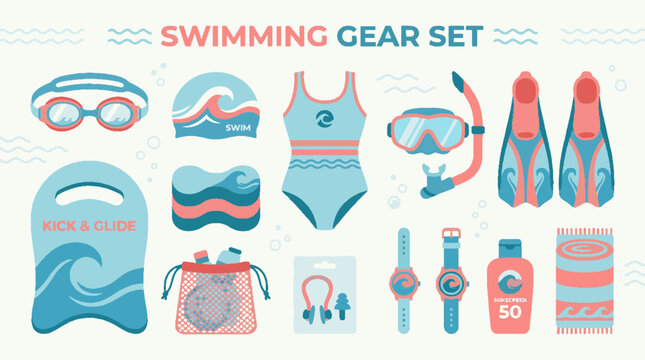 Set of swimming equipment and summer beach accessories for pool and ocean activities.