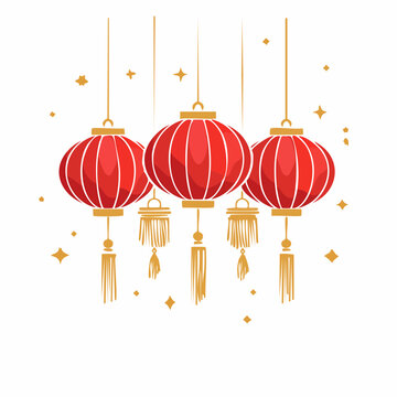 Red Chinese Lanterns with Gold Tassels and Stars
