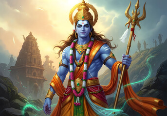 Obraz premium Lord Shiva with Trishul and glowing aura, Hindu deity, divine power, spiritual energy, ancient temple background