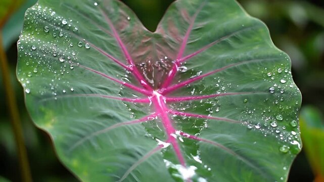 Closeup of a vibrant green taro leaf with pink veins and water droplets.