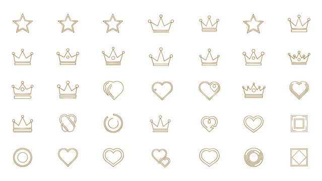 Crown icon star heart vector illustration set in gold line art for web ui graphic design element layout