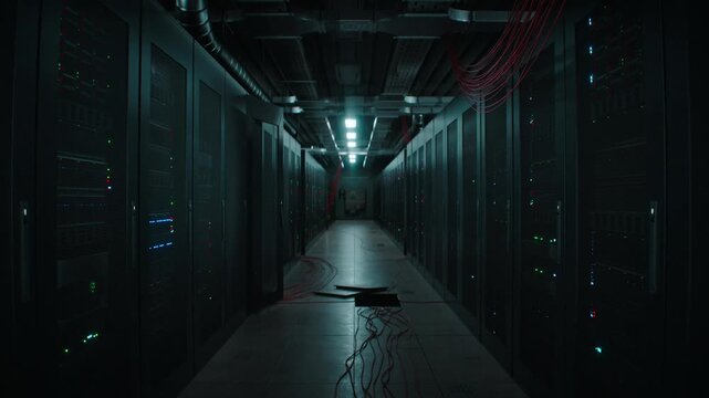 Dark, long corridor in a data center with rows of server racks and blinking lights