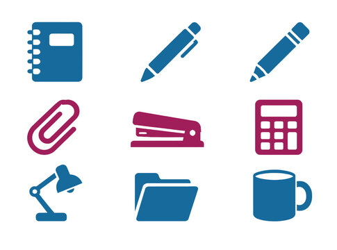 Various office and classroom essentials including pens, notebooks, and a calculator as simple icons