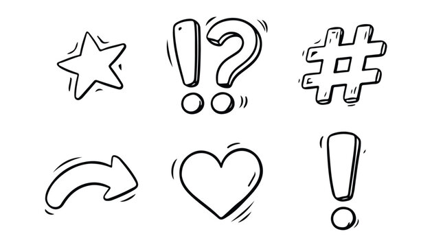 Hand drawn icons set with star, question mark, hashtag, arrow, heart, exclamation mark