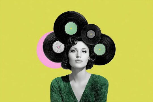vintage woman with vinyl records in her hair, collage art concept, vintage colors, yellow and green background.