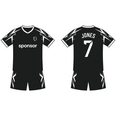 Naklejka premium Black football kit with sponsor logo and player name on white background