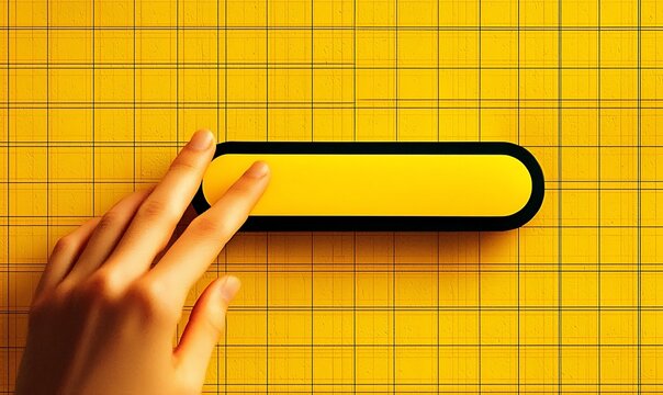 Human finger pressing yellow button on grid background.