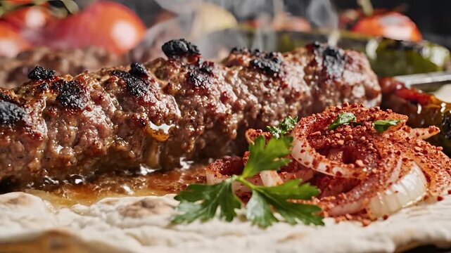 Deliciously Grilled Kofta Kebab Served with Fresh Salad and Flatbread.