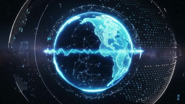 Futuristic Blue Rotating Digital Earth with Connectivity Grid and Waveform