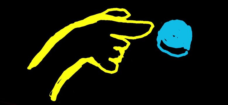 ​Hand drawn finger pointing and clicking blue button doodle animation overlay