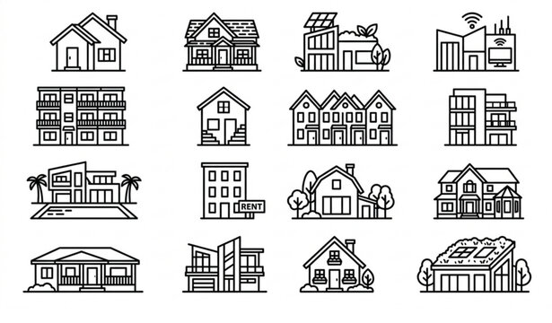 Minimal residential house line icon collection with architectural home and apartment symbols