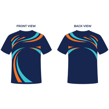 Dark blue sportswear t shirt design with abstract orange and teal wave patterns