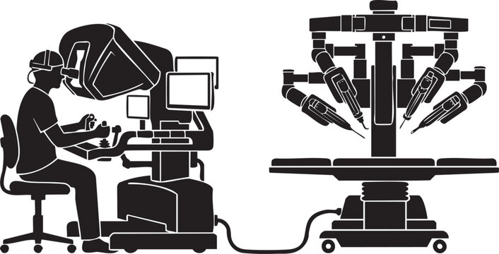 Silhouette of Surgeon Operating Advanced Robotic Surgery System Console