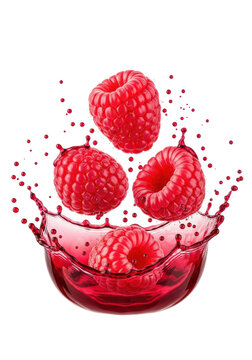 four perfect red raspberries, one sliced, bursting dynamically through a viscous crimson juice splash, suspended droplets, transparent high-key background. concept for beverage advertising