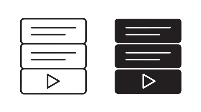 Black and white play button icons on rectangular buttons for video and audio player interface design