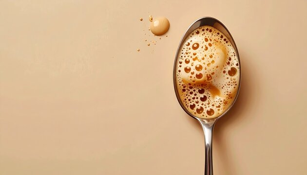 Top view of metal spoon with frothy instant coffee foam on pastel beige background