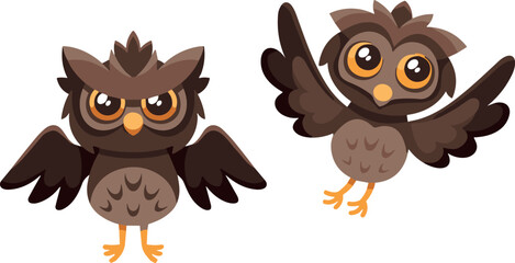 Fototapeta premium Cute Cartoon Little Owl Character Vector Set Featuring Standing and Flying Poses for Kids Storybook and Wildlife Graphic Designs