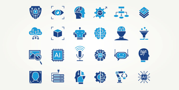 minimalist set of artificial intelligence technology flat icons vector illustration design. processor,  AI assistant, machine and more
