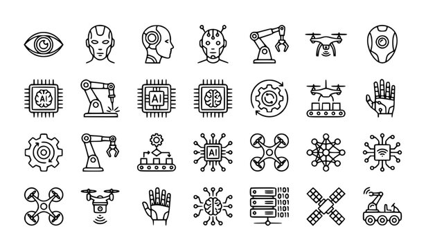 Cute black and white robot icon vector set with playful robotics and futuristic technology symbols