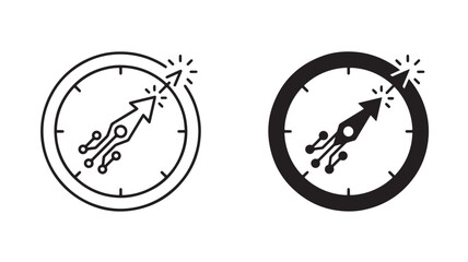 Naklejka premium Digital Progress Icon Set: Two stylized icons depict rapid digital advancement with an upward arrow, integrated circuitry, and a circular gauge, symbolizing innovation and speed.