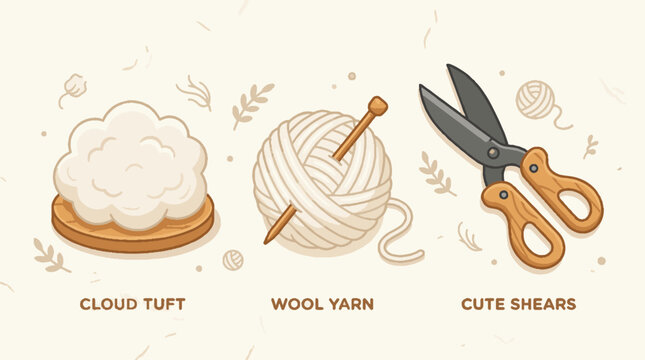 Cute vector illustration of crafting supplies including a cloud tuft, wool yarn with a knitting needle, and a pair of shears on a light background
