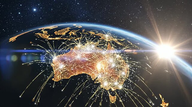 Abstract illustration of earth with glowing continent and stars