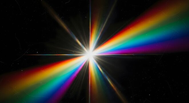 Vibrant spectral flare with rainbow colors emanating from a bright central light source against a dark cosmic backdrop