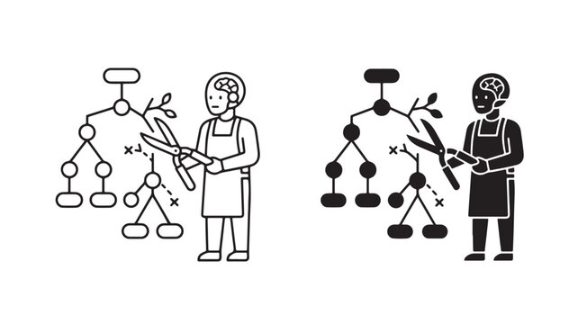 Brain surgeon pruning decision tree diagram with scissors for business strategy and problem solving concepts