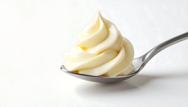 Close up of creamy mayonnaise swirl on stainless steel spoon against plain white background