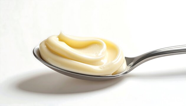 Close up of creamy mayonnaise swirl on stainless steel spoon against plain white background