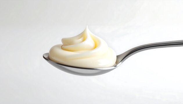 Close up of creamy mayonnaise swirl on stainless steel spoon against plain white background