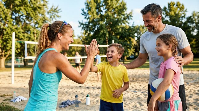 Mother and son high five on beach volleyball court. Father and daughter watching match. Happy family playing summer sport in park. Healthy lifestyle, active recreation and team spirit.