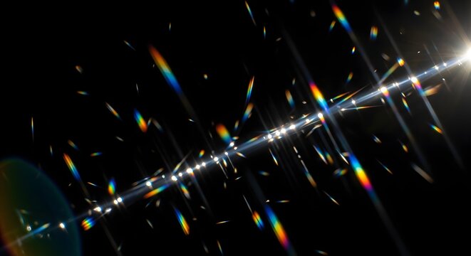Dramatic lens flare effect with vibrant spectral highlights against a dark black background ideal for digital composites