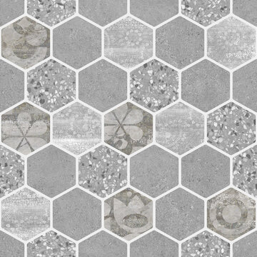 Hexagonal patterned cement and wood patterned background.