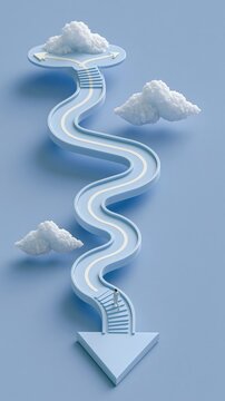 Vertical minimalist 3D render of a winding pathway on a light blue arrow, leading to three cloud-like platforms with smaller arrows. A lone figure climbs