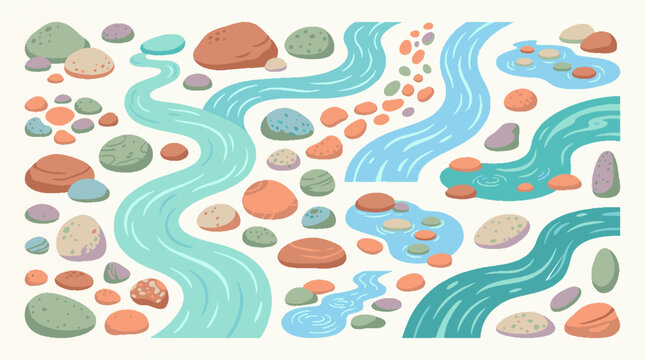 Abstract vector illustration of winding blue rivers and streams with various colorful pebbles and stones scattered on a light cream background, depicting a serene natural landscape.