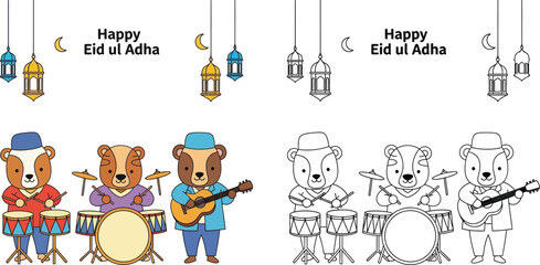 Happy Eid ul Adha Celebration with Cartoon Bears Playing Music and Lanterns © Mehrab