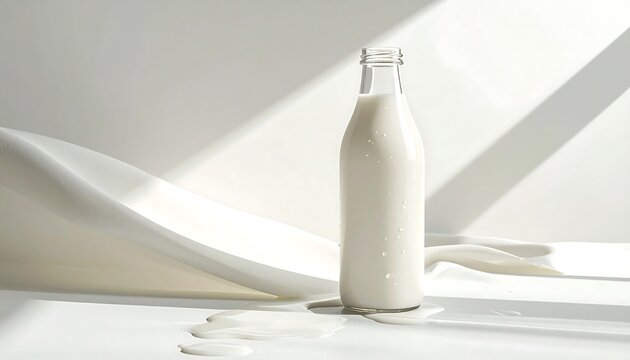 Glass milk bottle mockup standing on white smooth fabric wavy folds with spilled liquid in minimalist geometric sunlight