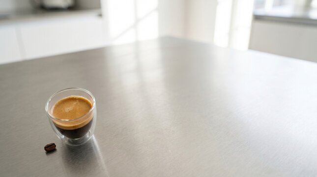 Espresso coffee in glass cup on modern kitchen countertop  
